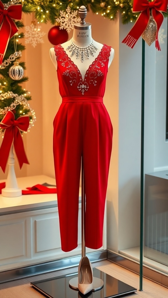 A festive red jumpsuit on a mannequin, accessorized for Christmas with jewelry and heels, surrounded by holiday decorations.